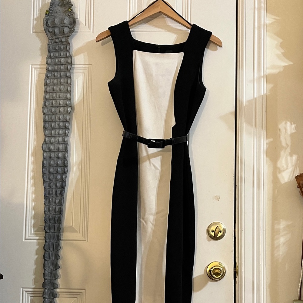 Chic Black and White Sheath Dress with Belt